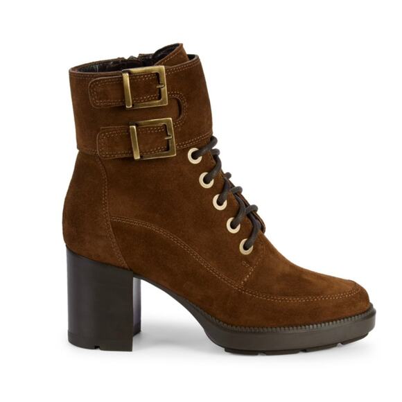 EUC Aquatalia Irene Brown Suede Boots Sz 8.5 Heeled Buckle Lace Up Ankle Booties - Picture 1 of 16